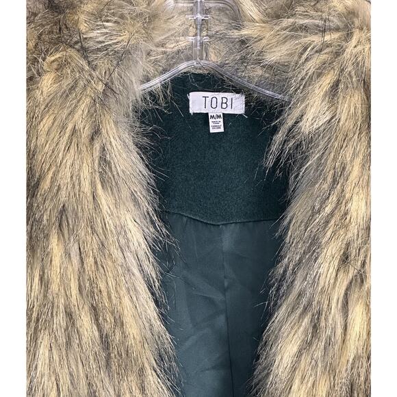 Tobi Wool Blend Blazer Faux Fur Collar Women Forest Green Tan Sz M Holiday Coat - Picture 5 of 14